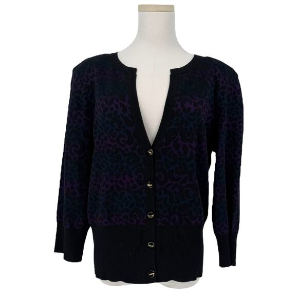 St John Animal Print Cardigan Sweater Purple Blue Black Button Front Women’s M - Picture 1 of 10